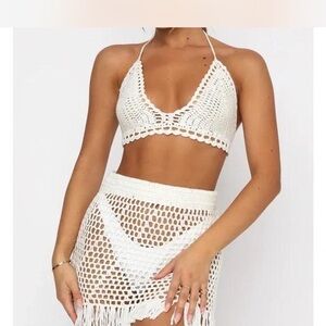 White Fox White Crochet Halter Bikini Top & Fringe Cover Skirt Set